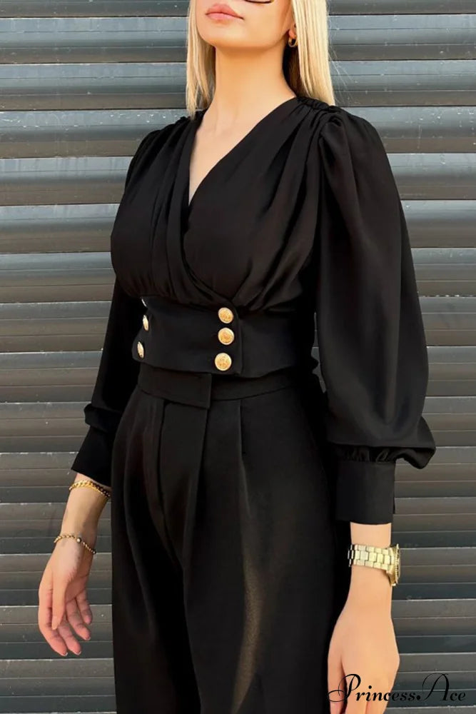 Arm Smocked Puff Neck V Top Black / 2Xl Blouses