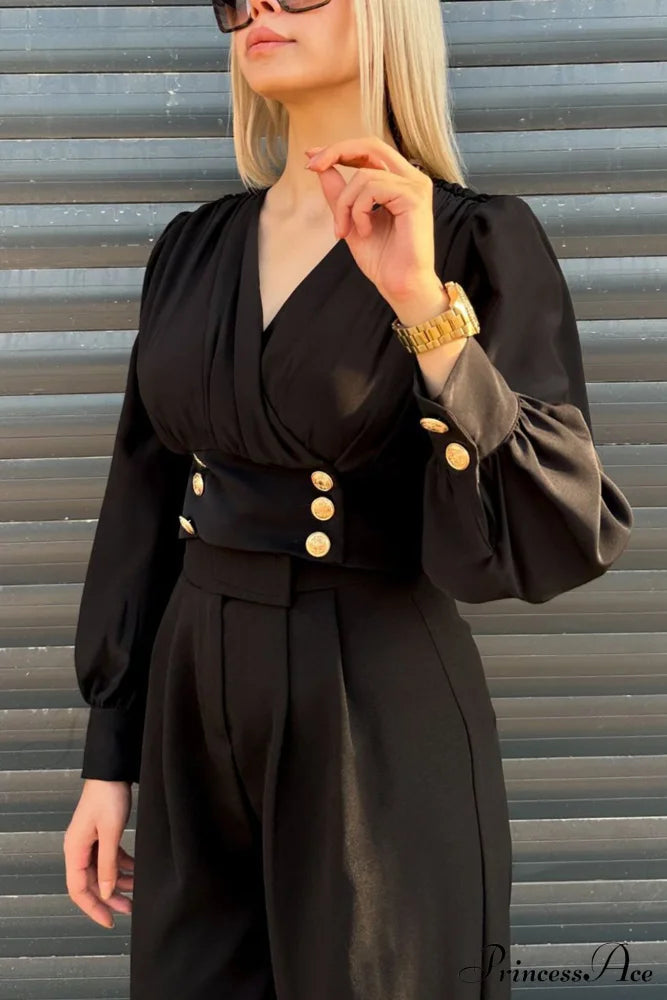 Arm Smocked Puff Neck V Top Black / L Blouses