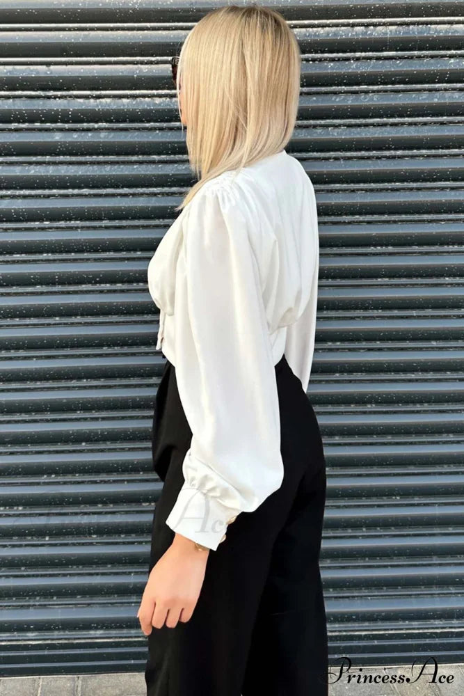 Arm Smocked Puff Neck V Top White / 2Xl Blouses