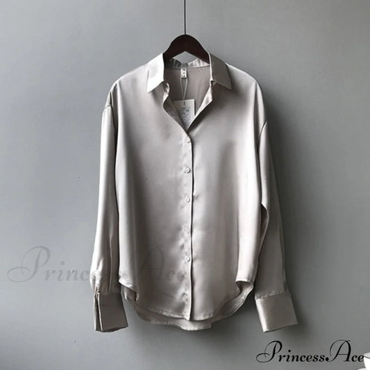 Arm Vintage Ladies Satin Korean Office Long Blouse Button Up Silk Elegant White Tops S / Gray
