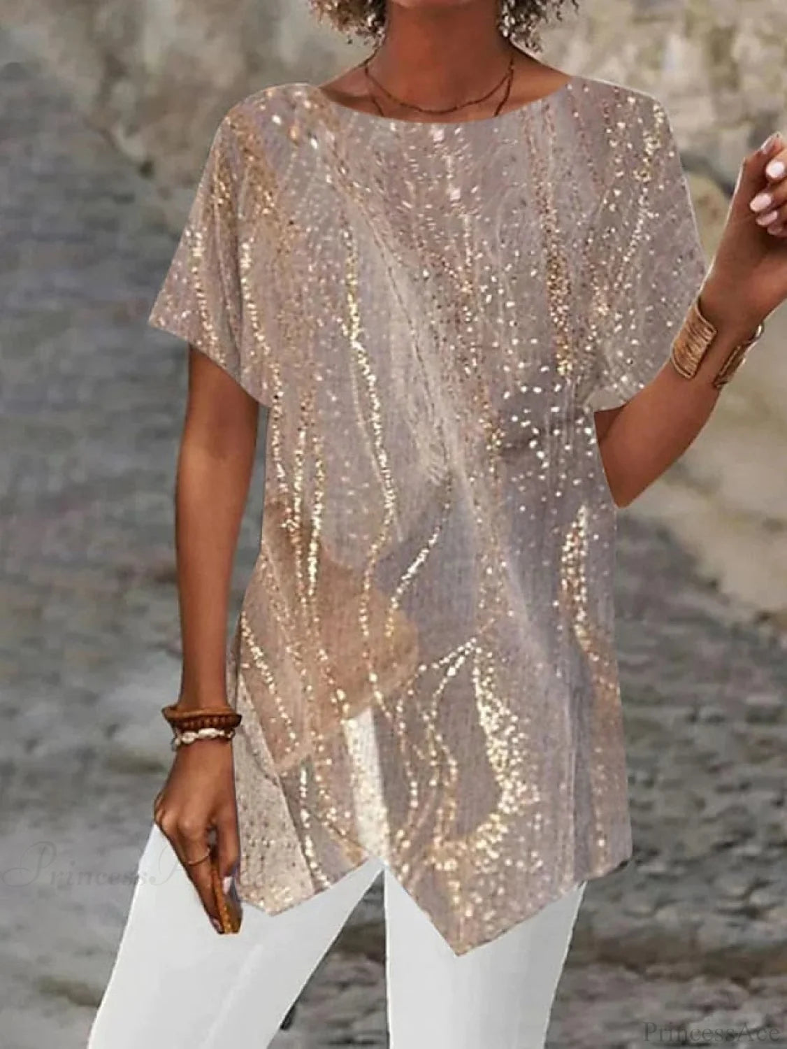 Asymmetric Blouse - Design Women’s Abstract Graphic Silver/Black/White Khaki / S