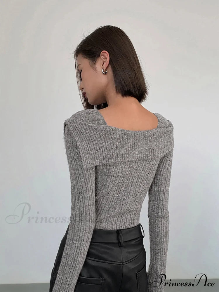 Asymmetric Overfold Square Neck Modern Long Sleeve Knit Top Sweaters-L