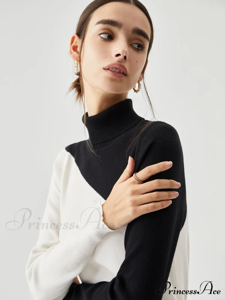 Asymmetric Patchwork Long Sleeve Modern Mock Neck Knit Top Sweaters-L