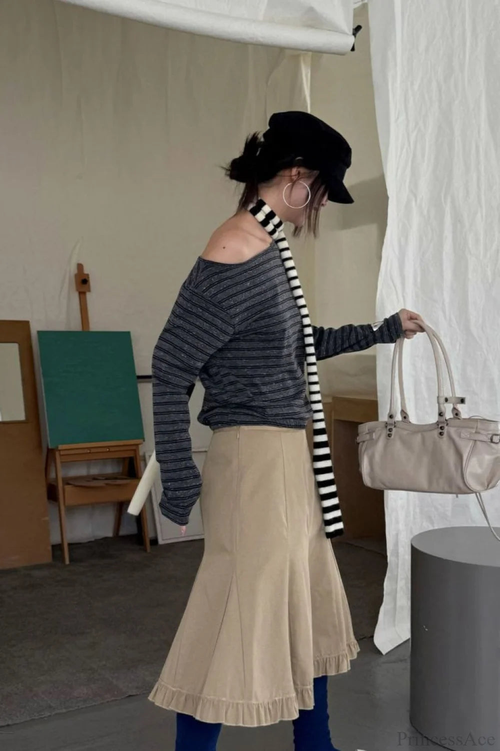 Asymmetric Shoulder Striped Color Block Reversible Blouse