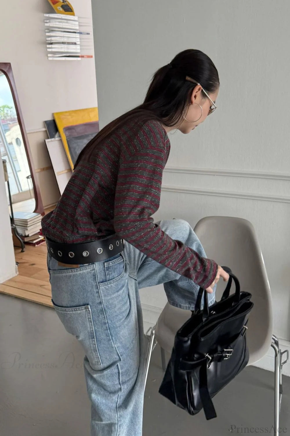 Asymmetric Shoulder Striped Color Block Reversible Blouse