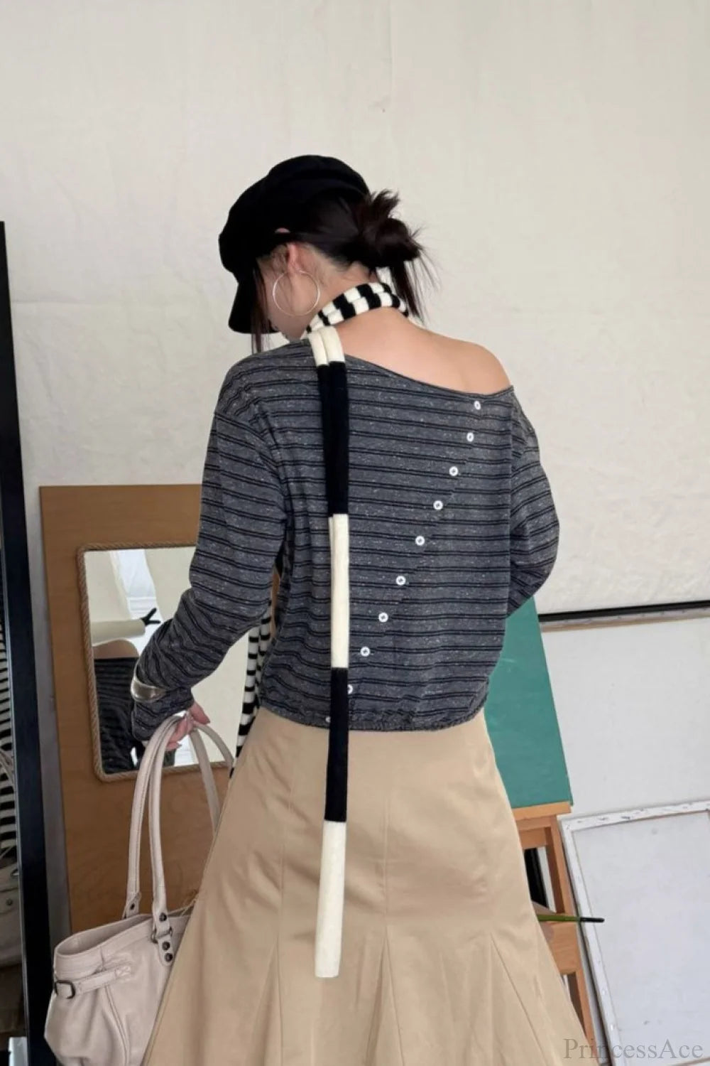 Asymmetric Shoulder Striped Color Block Reversible Blouse