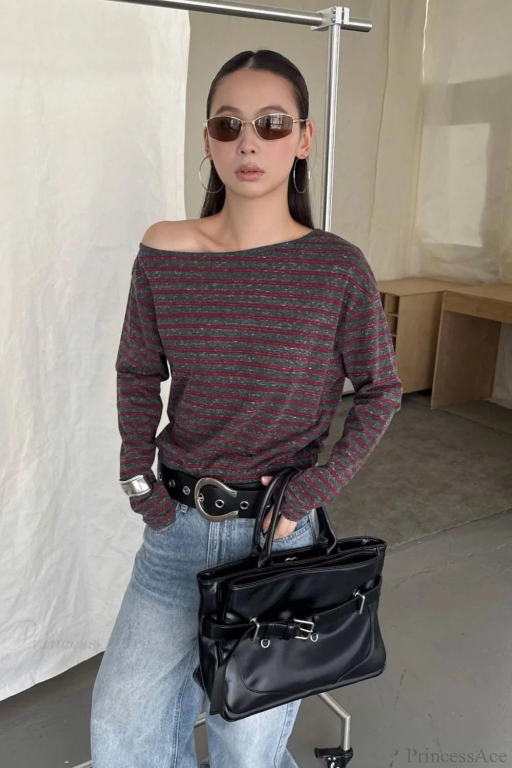 Asymmetric Shoulder Striped Color Block Reversible Blouse Crimson / One size