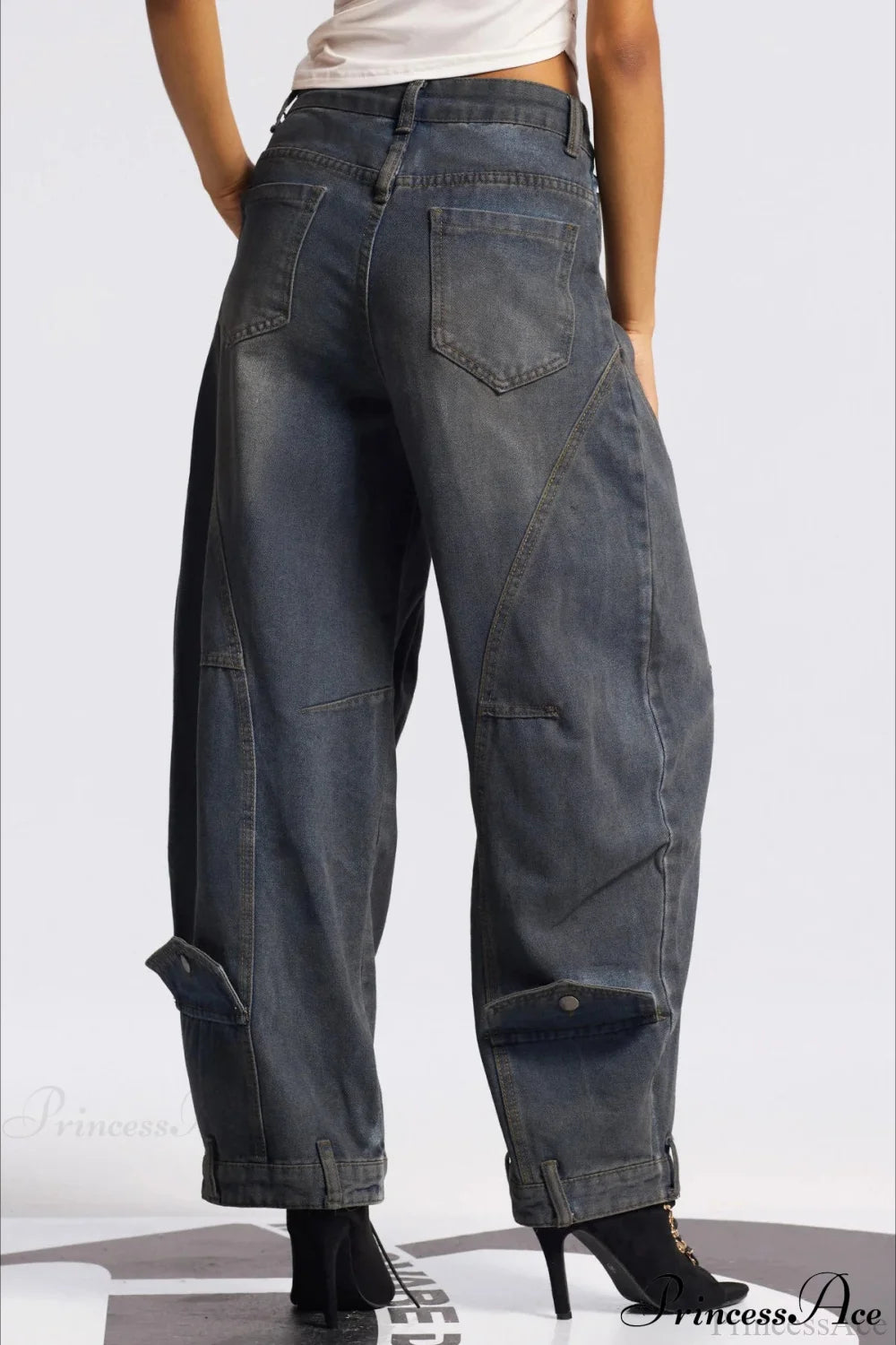 Asymmetric Waist Washed Low Waist Flare Wide Leg Jeans