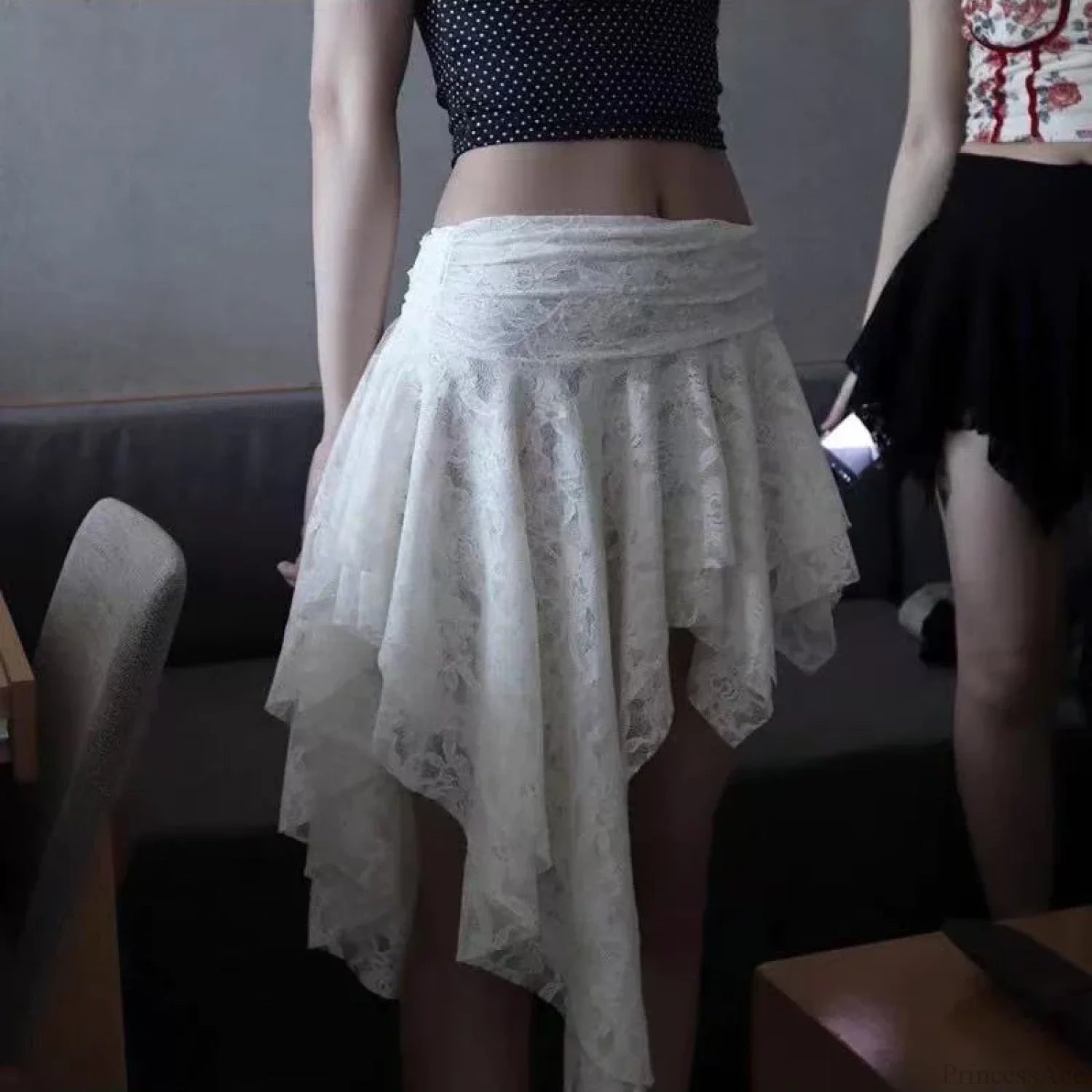 Asymmetrical Lace Ruffle Mini Skirt