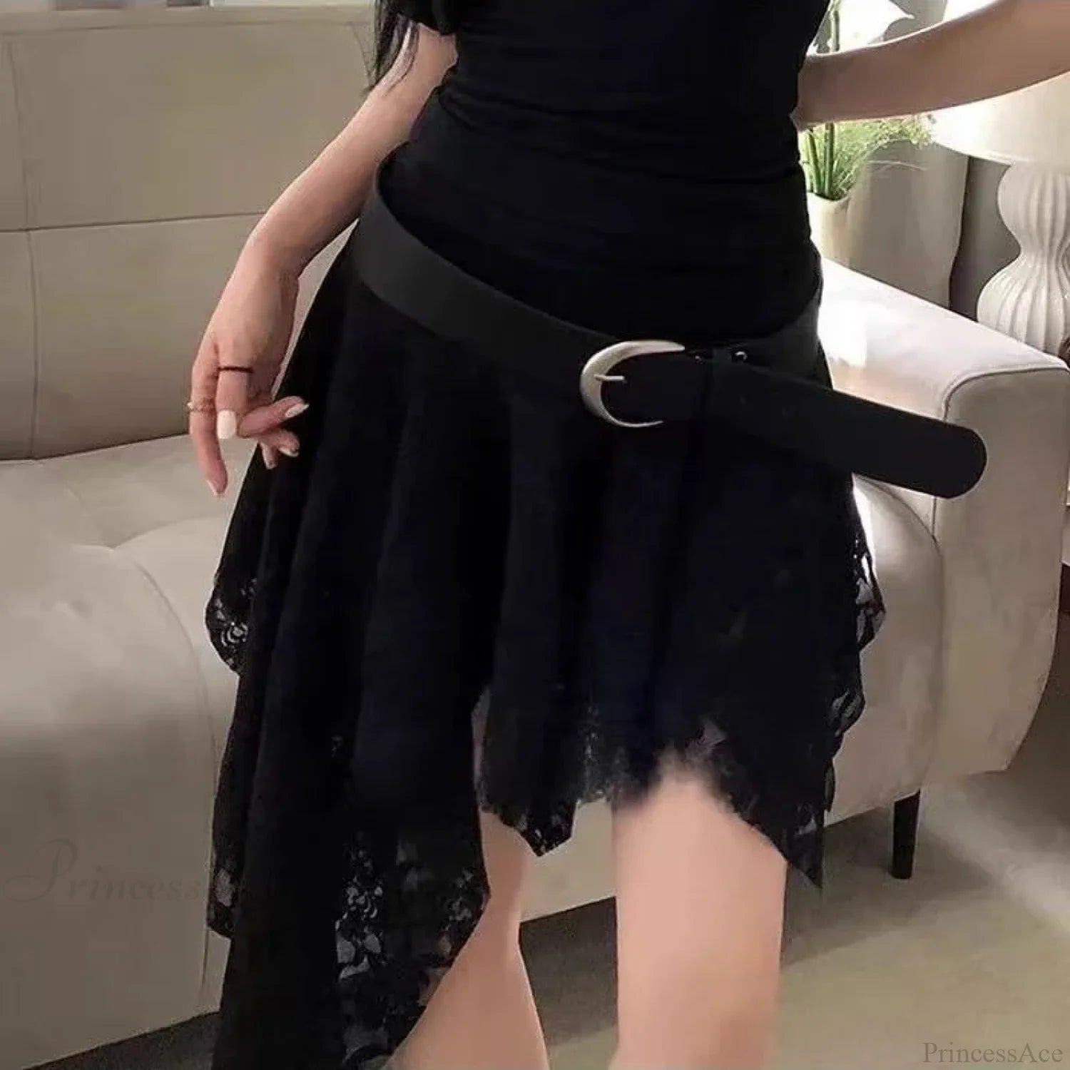 Asymmetrical Lace Ruffle Mini Skirt Black / One Size