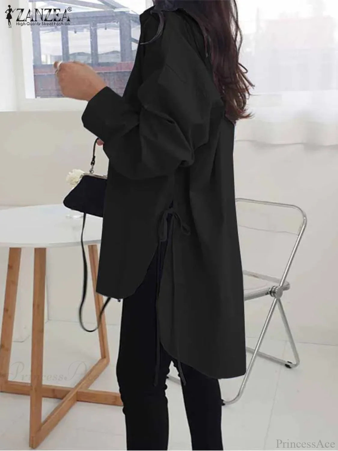 Asymmetrical Lace-Up Button Lapel Blouse Black1 / S blouse-250126