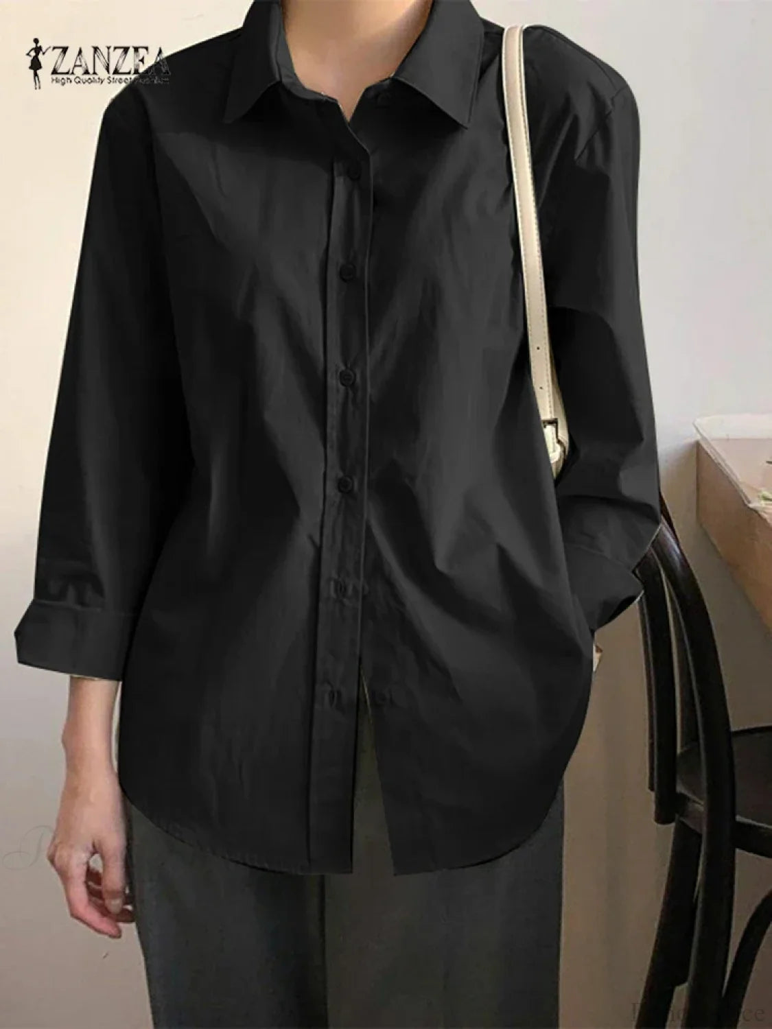 Asymmetrical Lace-Up Button Lapel Blouse Black2 / S blouse-250126