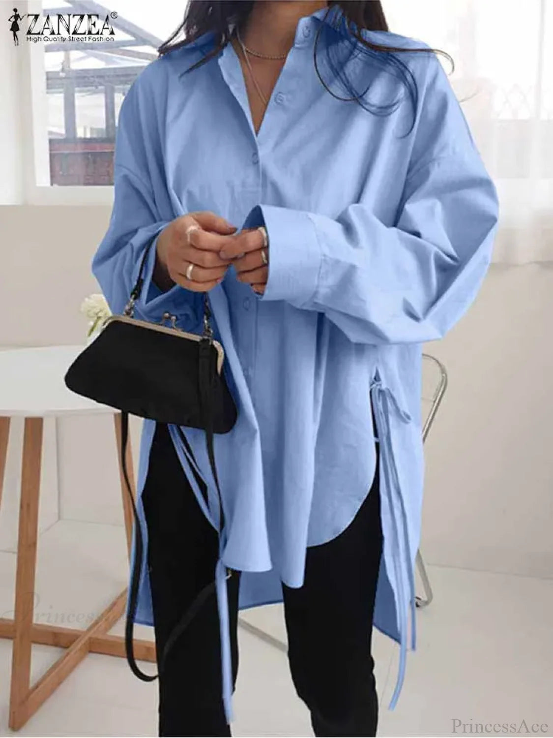 Asymmetrical Lace-Up Button Lapel Blouse Blue1 / S blouse-250126