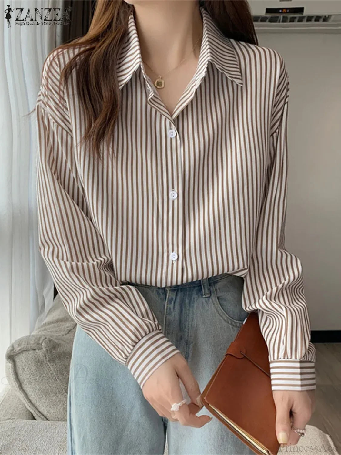 Asymmetrical Lace-Up Button Lapel Blouse Brown1 / S blouse-250126