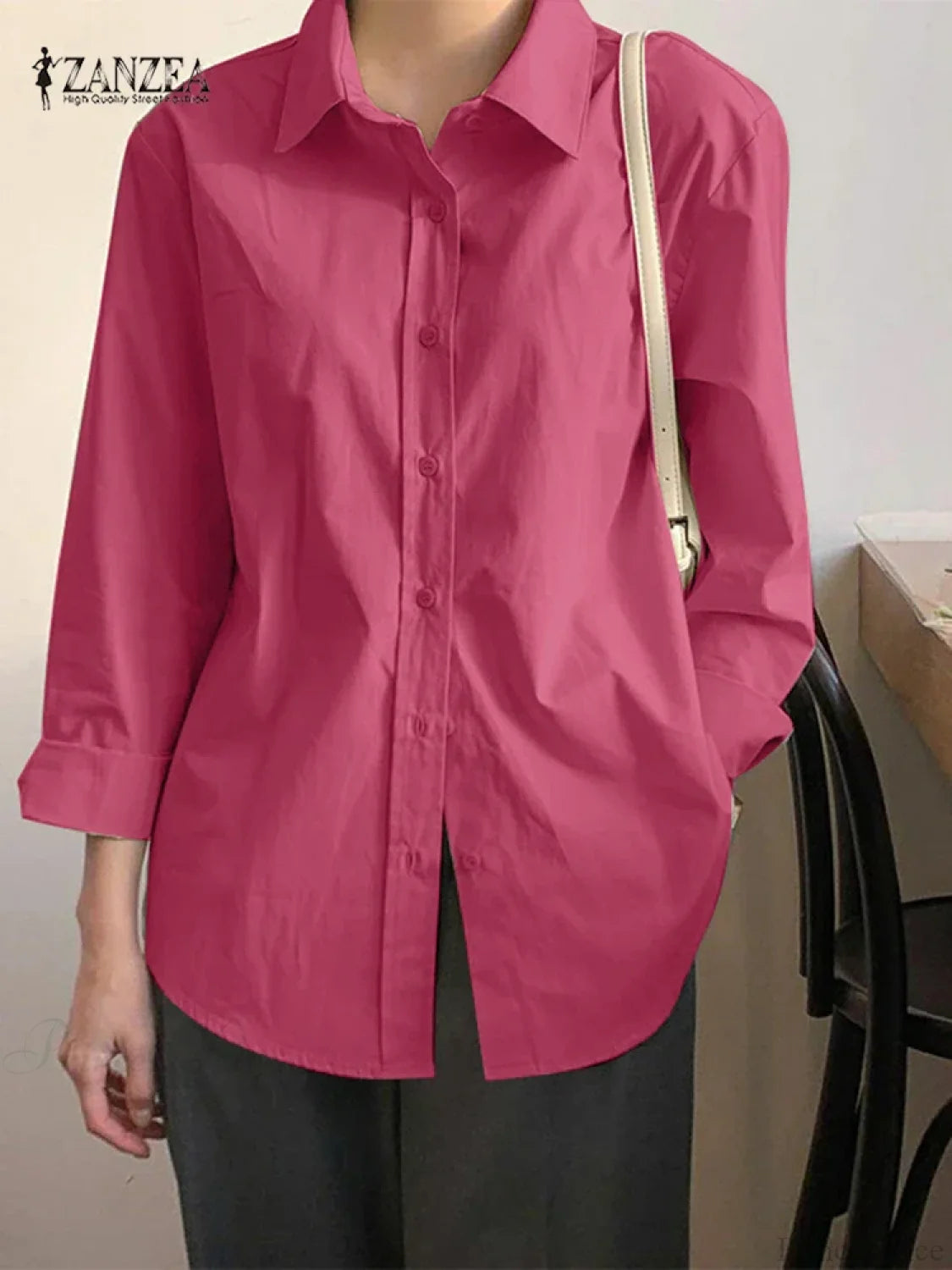 Asymmetrical Lace-Up Button Lapel Blouse Rose1 / S blouse-250126