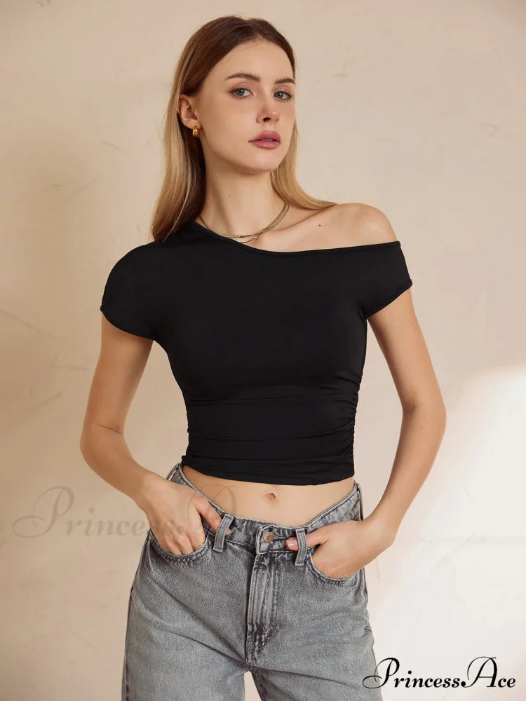Asymmetrical Neck Graceful Crop Top Black / S T-Shirts
