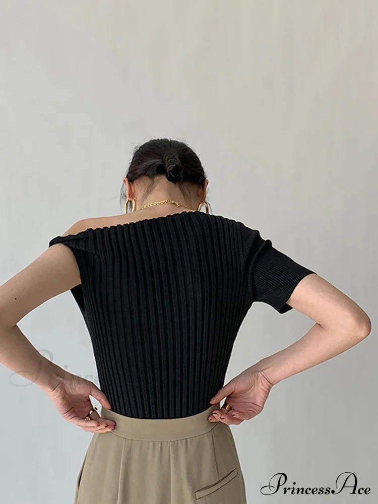 Asymmetrical Neck One Trendy Shoulder Off Knit Top Sweaters-L