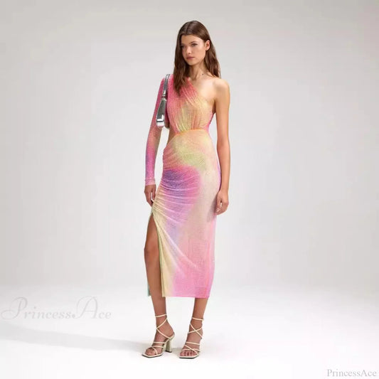 Asymmetrical Off-Shoulder Colorful High-End Prom Dress promdress-250223