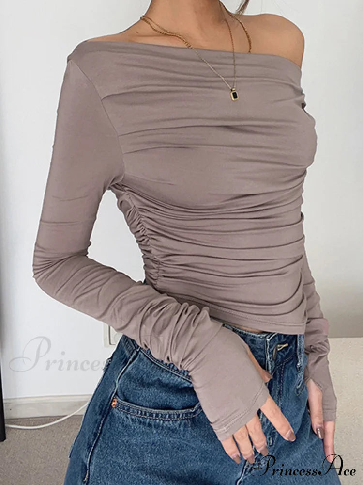 Asymmetrical Off Shoulder Trendy Long Sleeve Shirt T-Shirts
