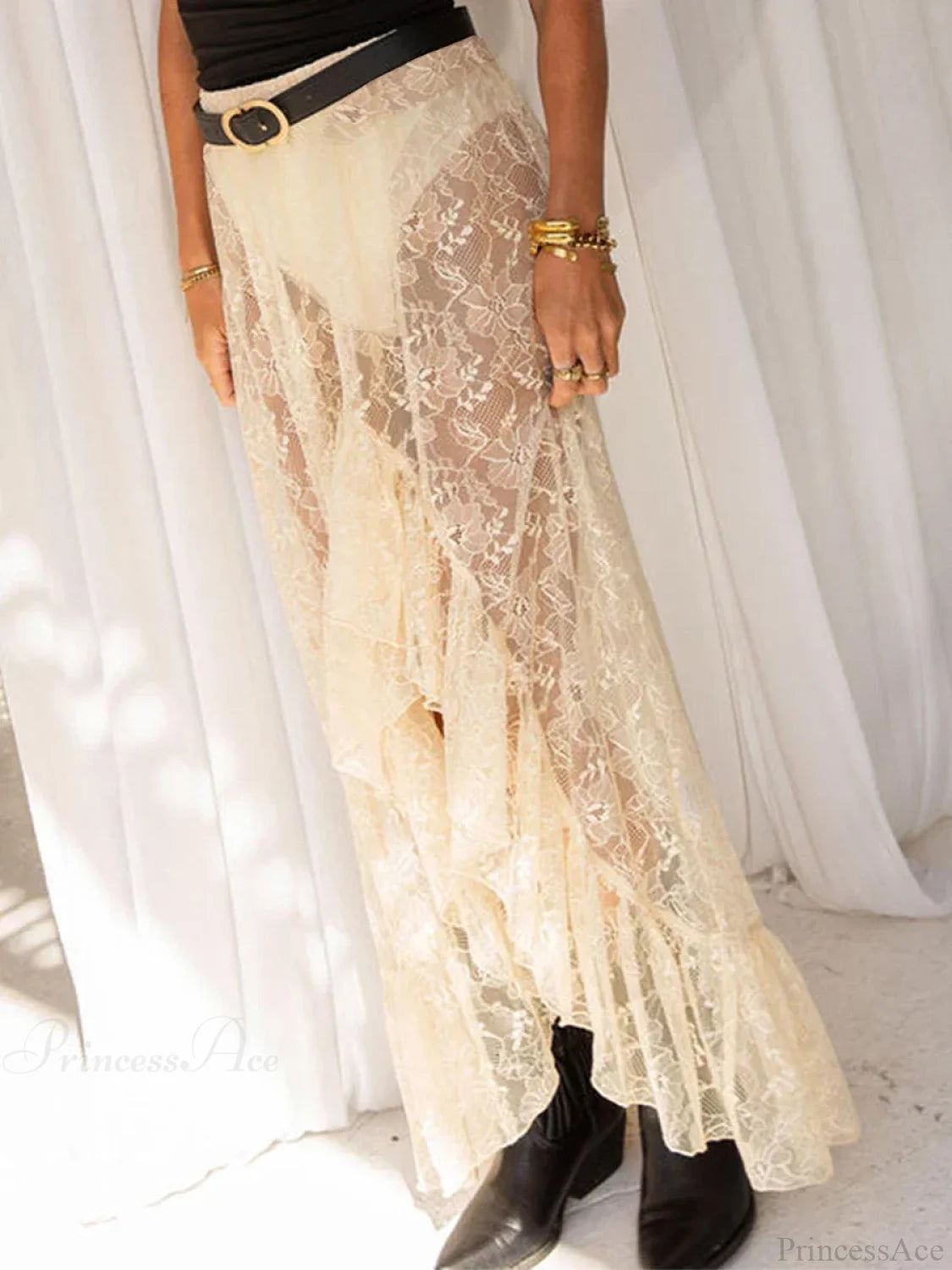 Asymmetrical Ruffle Lace Bodycon Summer Beach Y2K Long Skirt skirt-250126