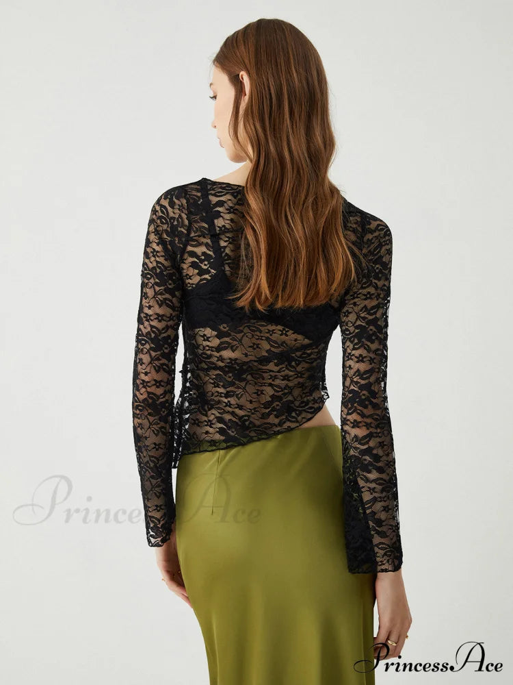 Asymmetrical Sheer Lace Trendy Long Sleeve Top T-Shirts