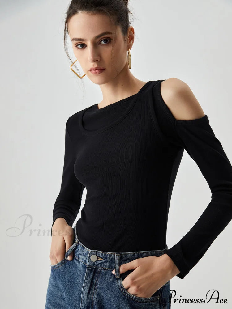 Asymmetrical Shoulder Cut Out Modern Long Sleeve Solid Top T-Shirts