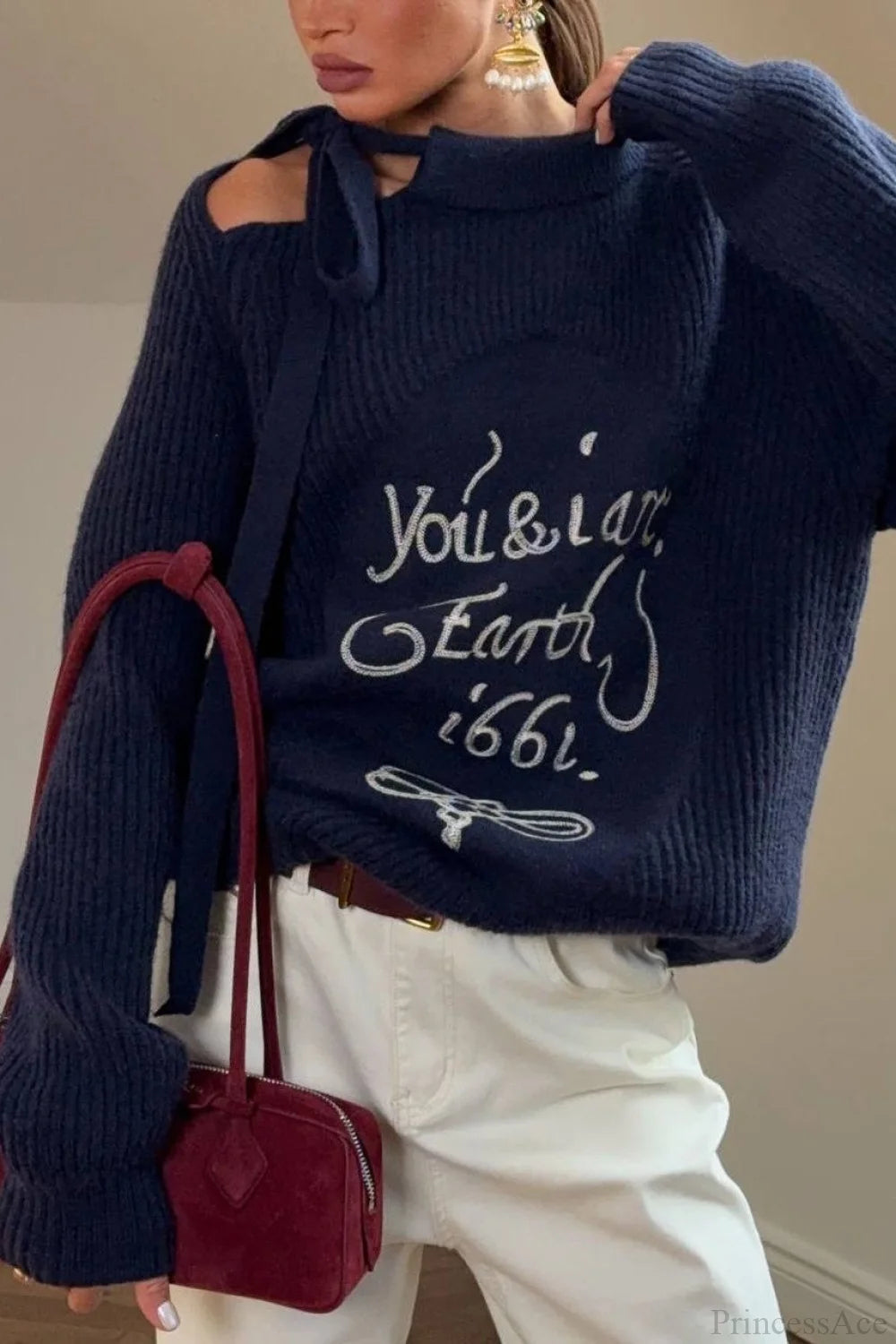 Asymmetrical Shoulder Letter Pattern Solid Sweater