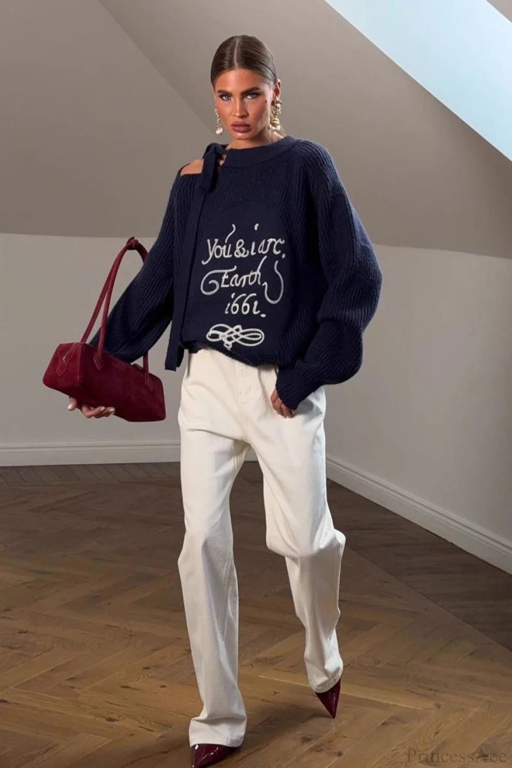 Asymmetrical Shoulder Letter Pattern Solid Sweater