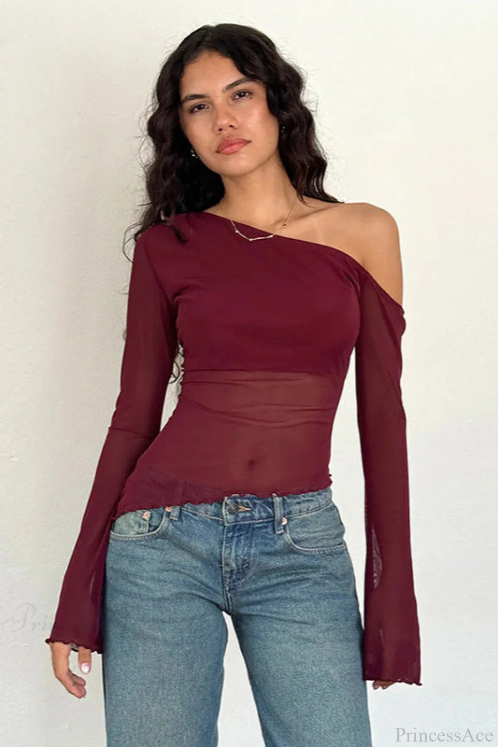 Asymmetrical Shoulder Mesh Off-Shoulder Long Sleeve Tee