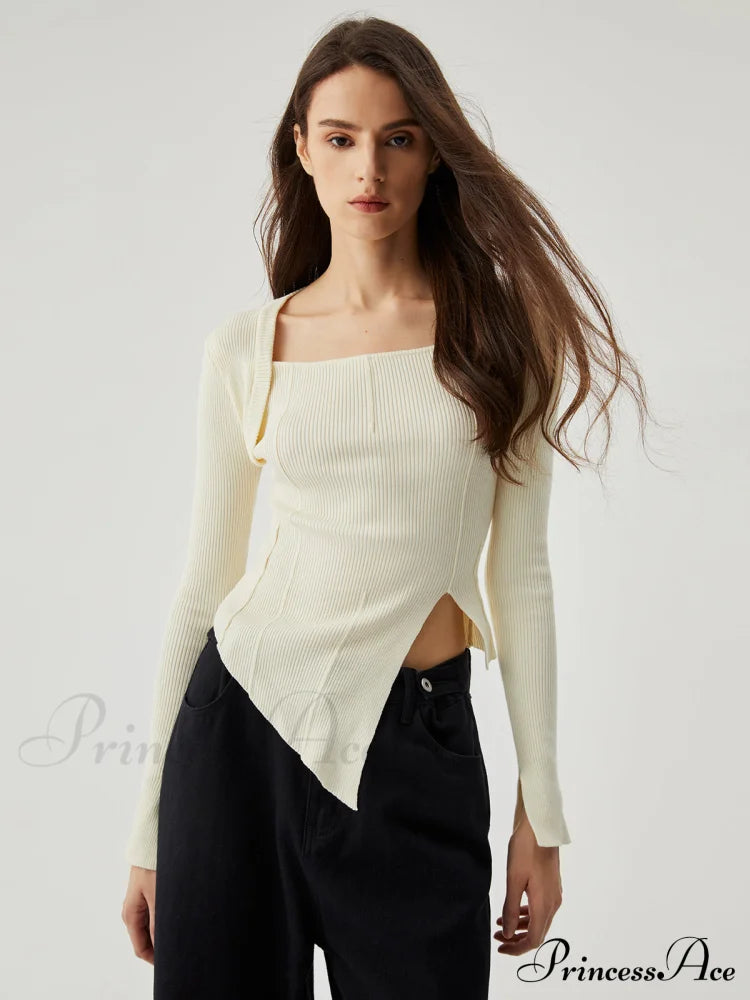Asymmetrical Split Square Neck Modern Long Sleeve Knit Top Sweaters-L