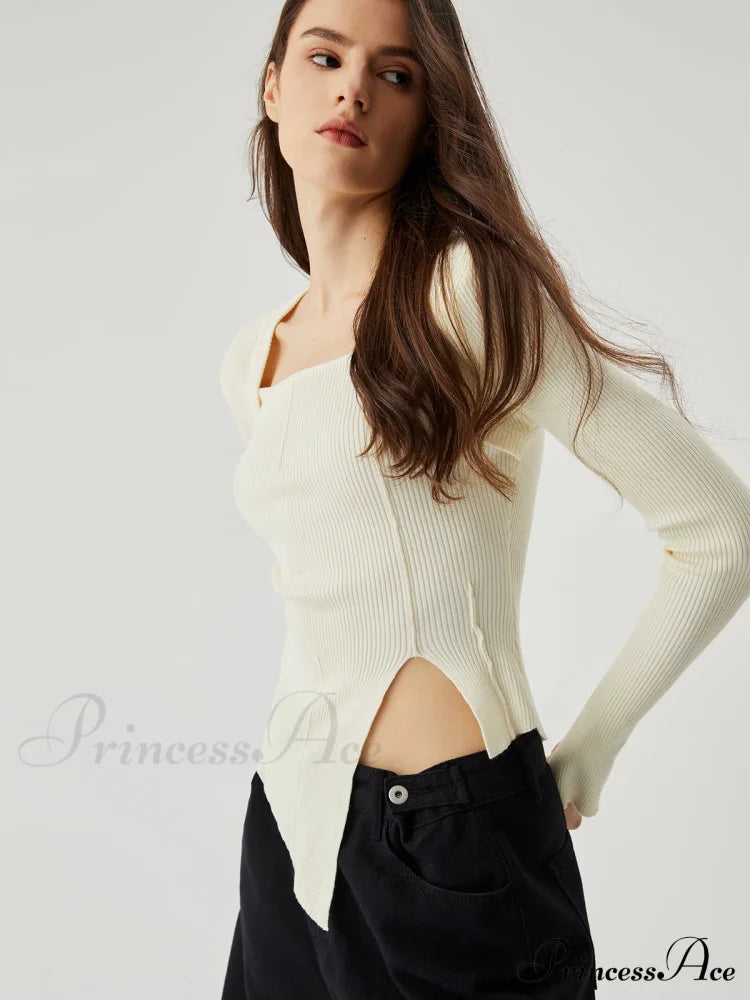 Asymmetrical Split Square Neck Modern Long Sleeve Knit Top Sweaters-L