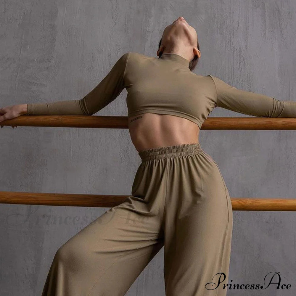 Athleisure Solid Long Sleeve Crop Top Sophisticated Wide Leg Pants Matching Set - Gray S / Khaki