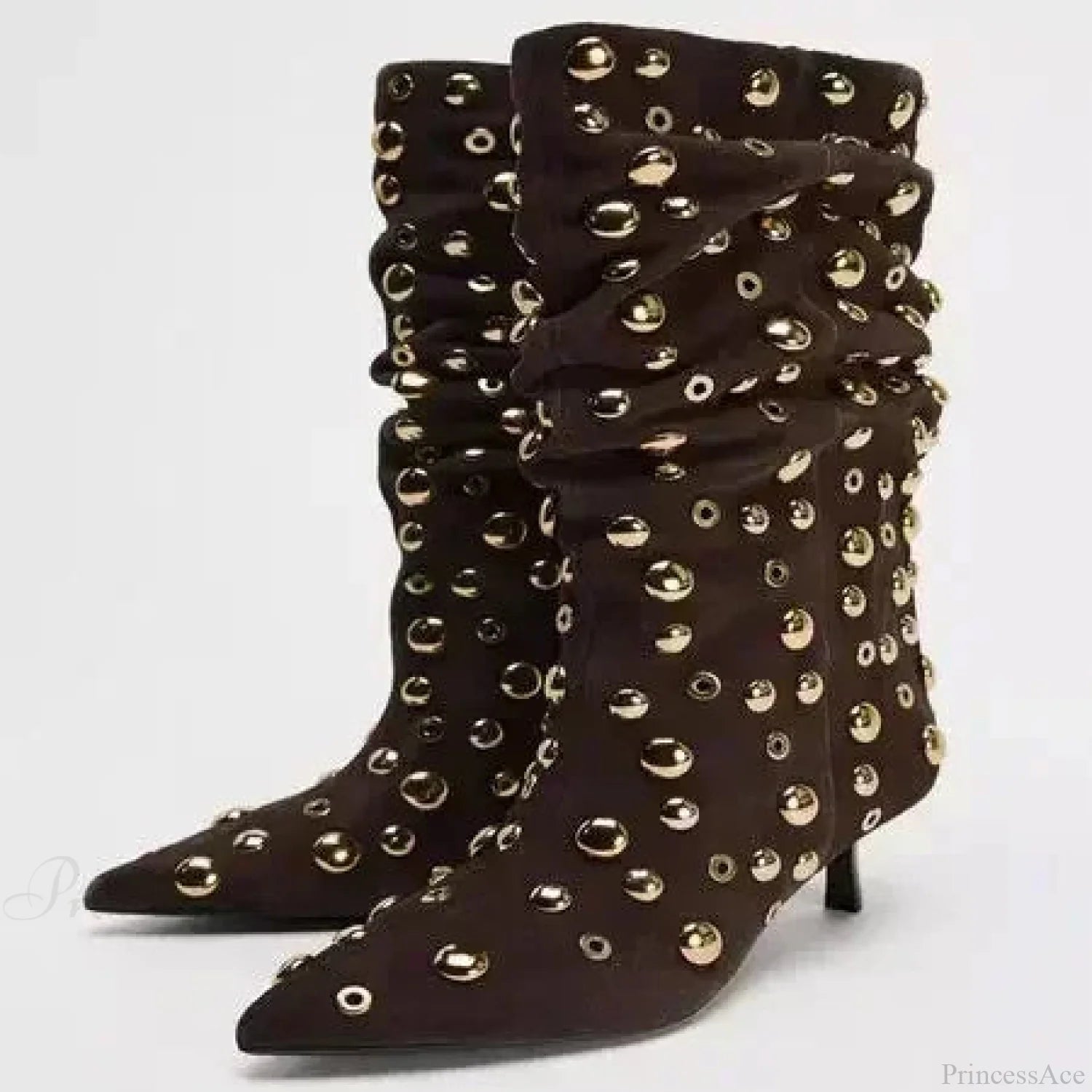 Attractive Rivet Pleated Tall Heel Pointed Gothic Boot Brown velvet / 34