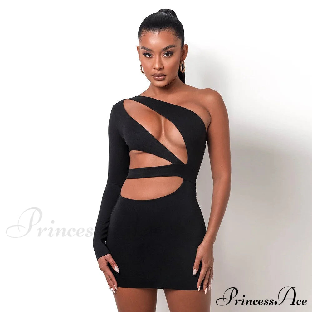 Autumn Bodycon - White Out Shoulder Evening Women Club Gown Cut One Dress Black Stretchy Dress / Xs