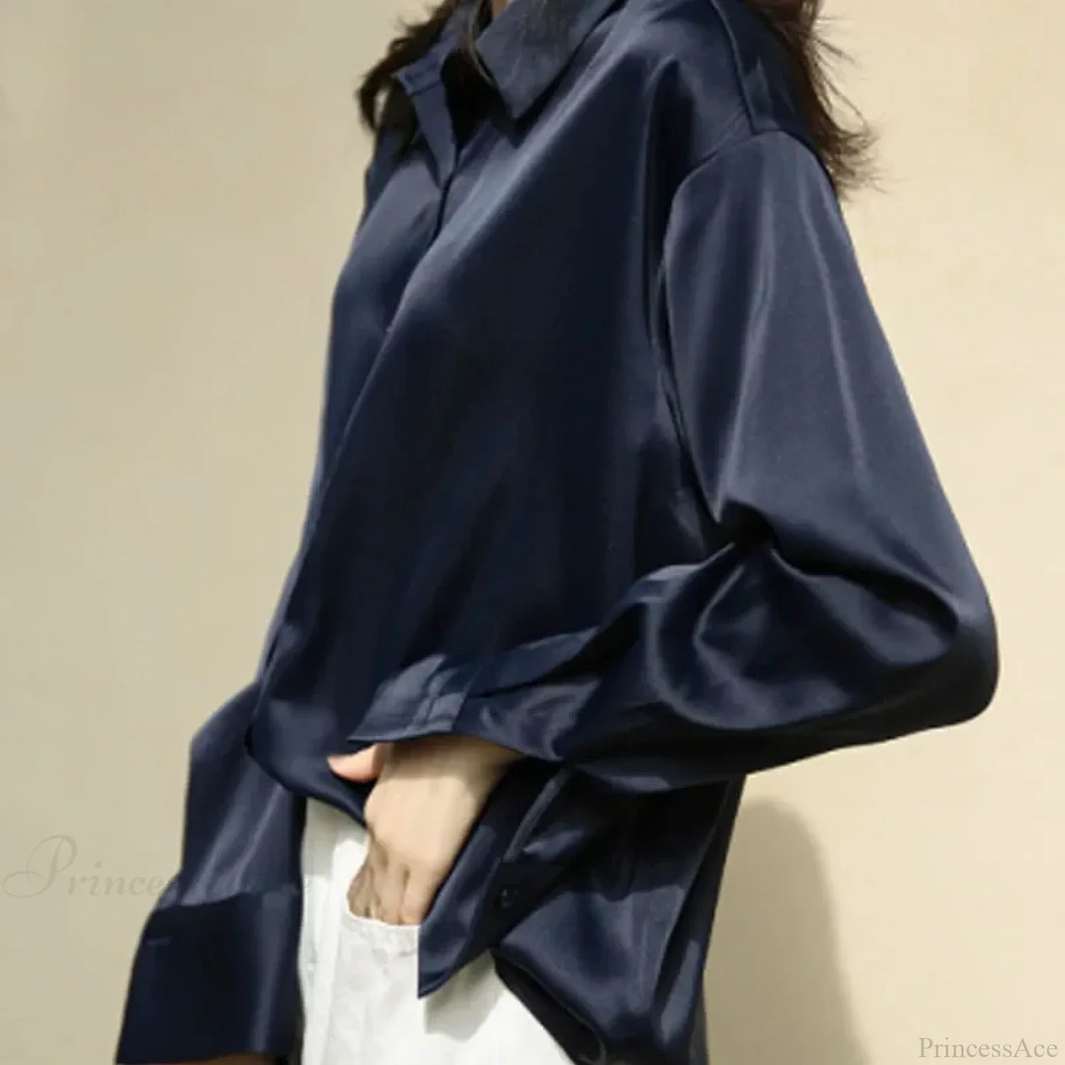 Autumn Button Up Satin Vintage White Blouse RoyalBlue / S blouse-250223