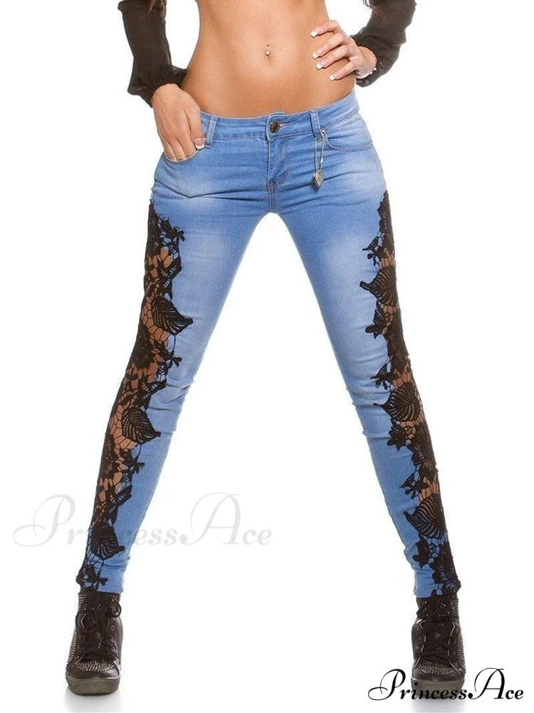 Autumn Denim Hollow-Out Flowered Elegant 3Xl Crochet Women Jeans Lace Sexy Pencil