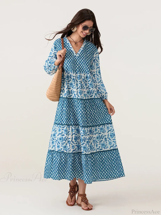 Autumn Floral Long Sleeve V-Neck Loose A-Line Floral Dress floraldress-250126