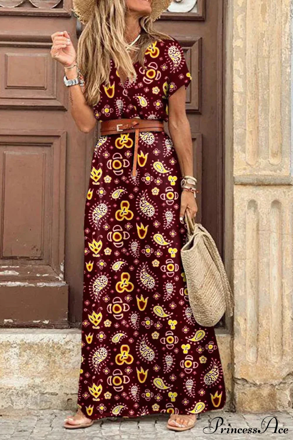 Autumn Female Short Sleeve Sexy High Split Maxi Boho Dress Wine Red / S