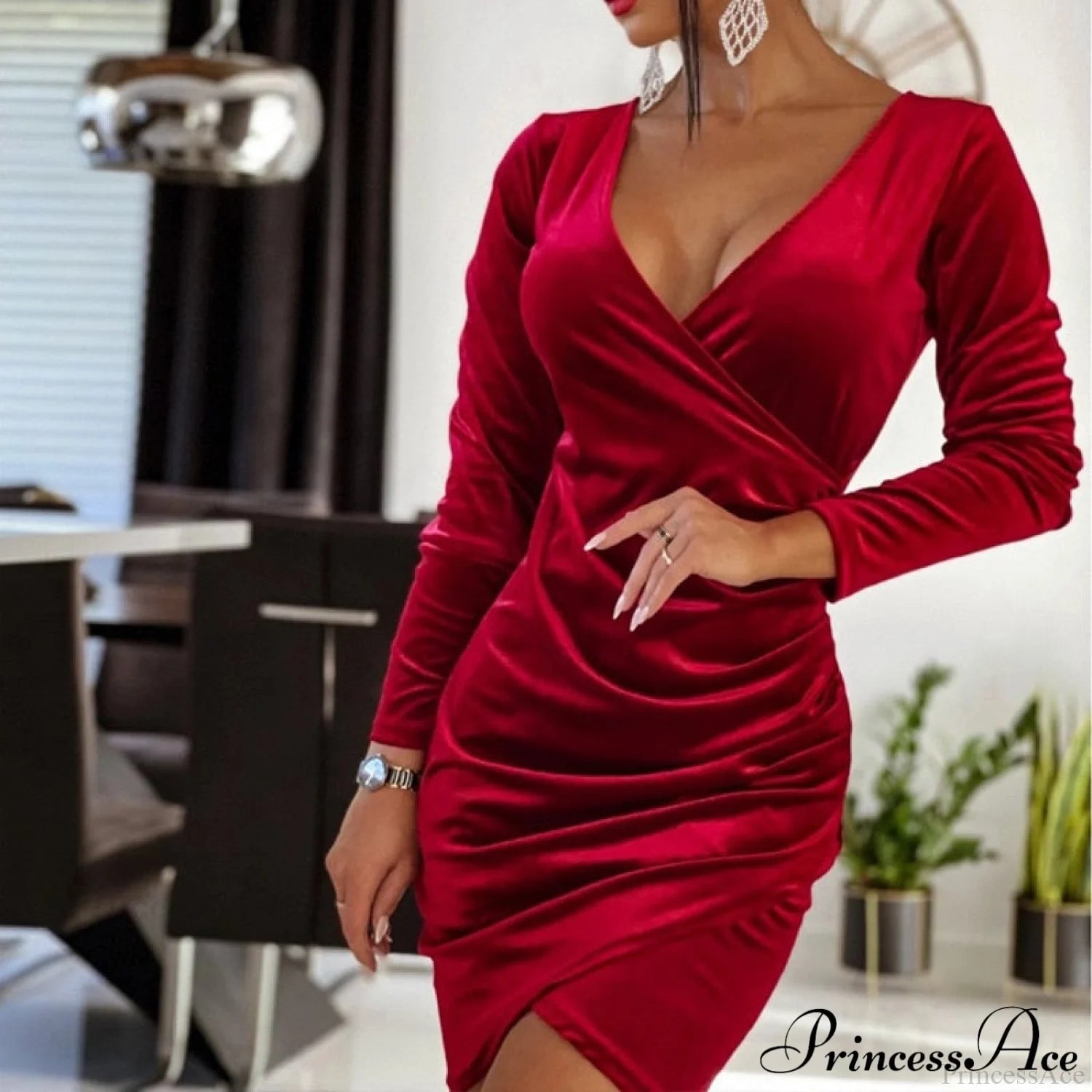 Autumn Long Sleeve Trendy Turtleneck Bodycon Mini Dress Style 3 Wine Red / S