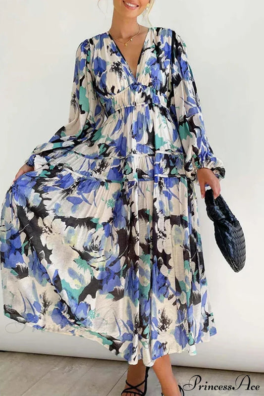 Autumn Long Sleeved Pleated Maxi Dress Boho Blue / S