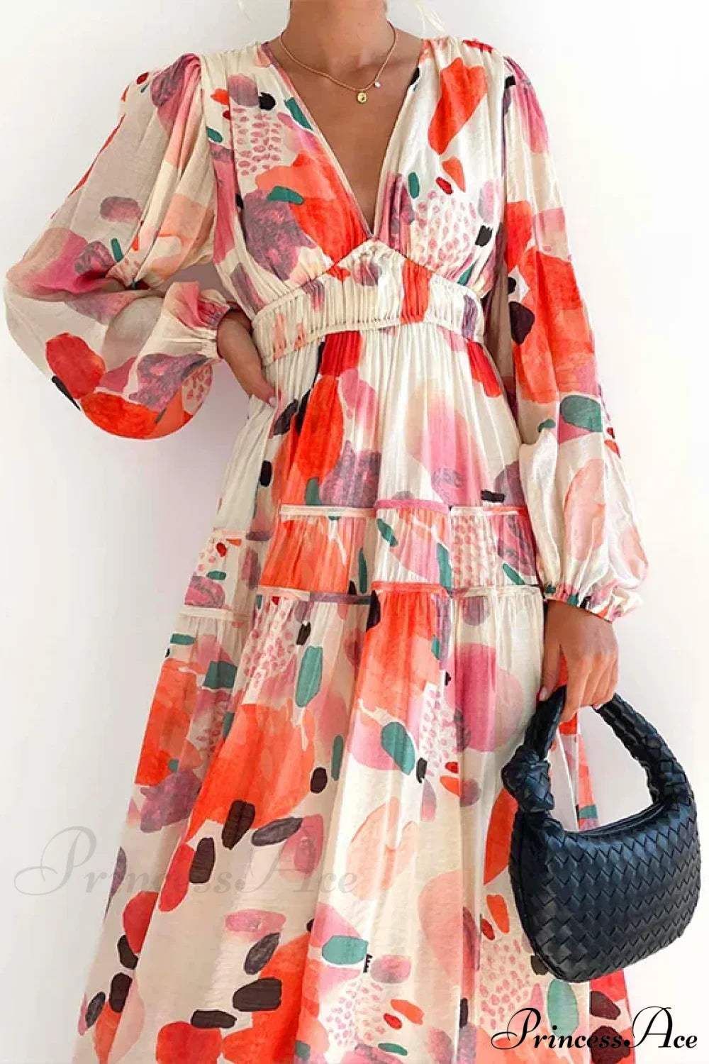 Autumn Long Sleeved Pleated Maxi Dress Boho Orange Red / S