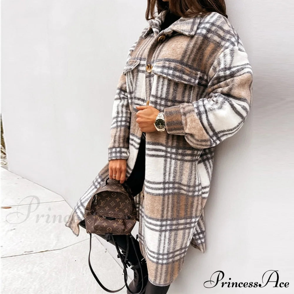 Autumn Plaid For Jacket Warm Fashion Patterned Winter - Women Overcoat 5-White Khaki / S