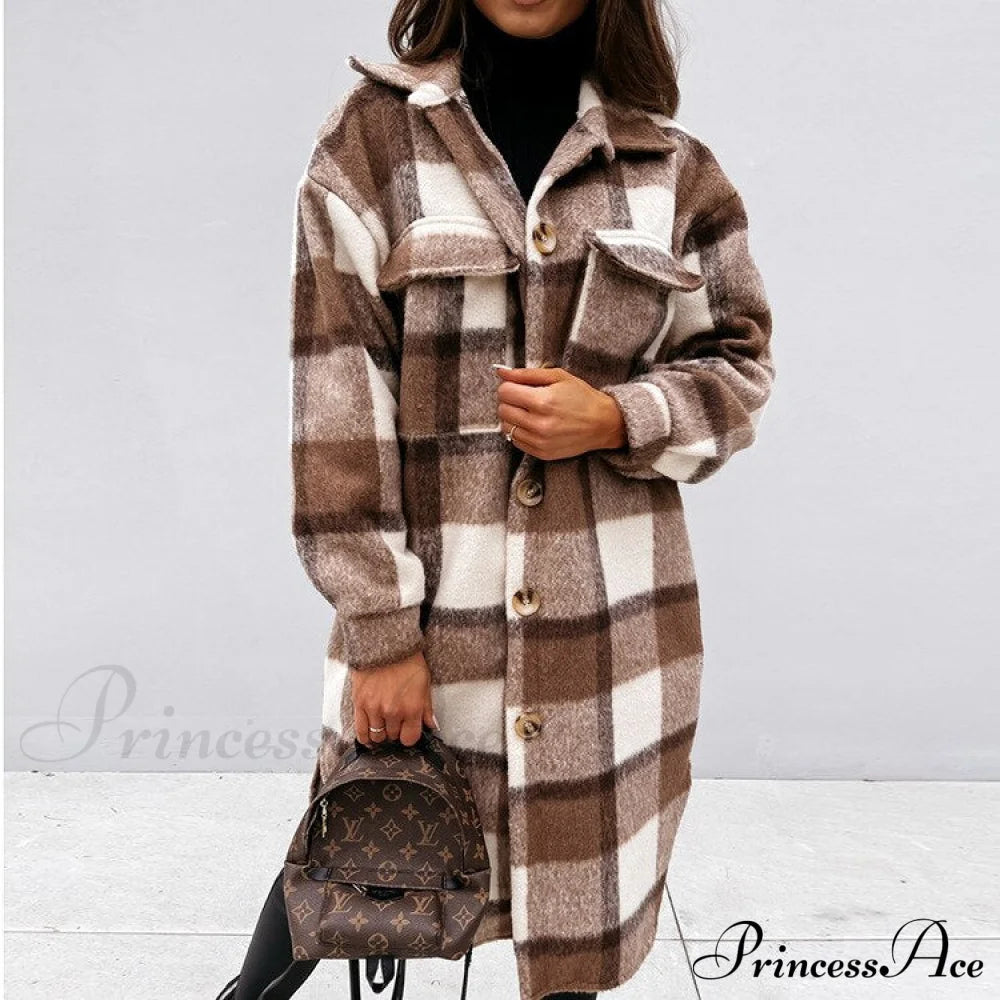 Autumn Plaid For Jacket Warm Fashion Patterned Winter - Women Overcoat 7-Dark Brown / S