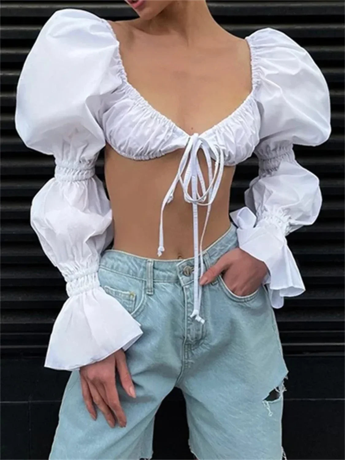 Autumn Puff Long Sleeve Square Neck Tie-up Blouse WHITE / S blouse-250126