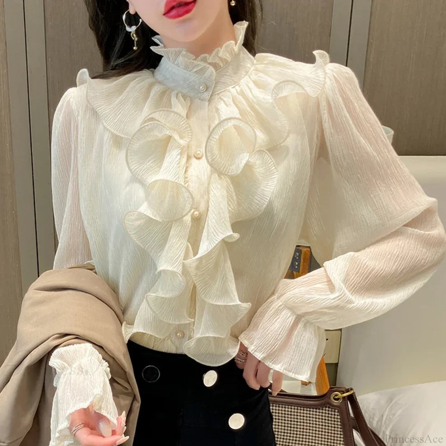 Autumn Ruffled Lace Chiffon Stand Collar Blouse blouse-250126