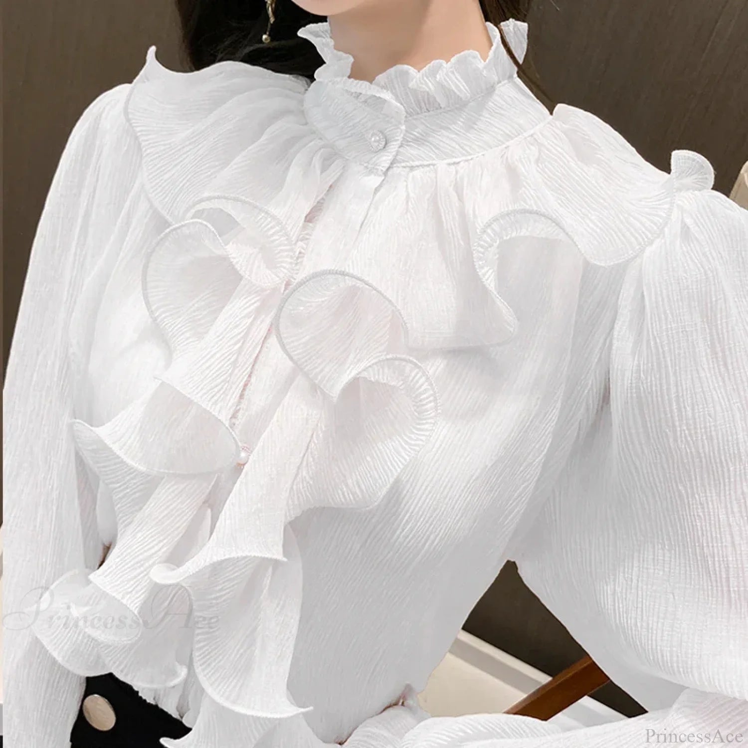 Autumn Ruffled Lace Chiffon Stand Collar Blouse blouse-250126
