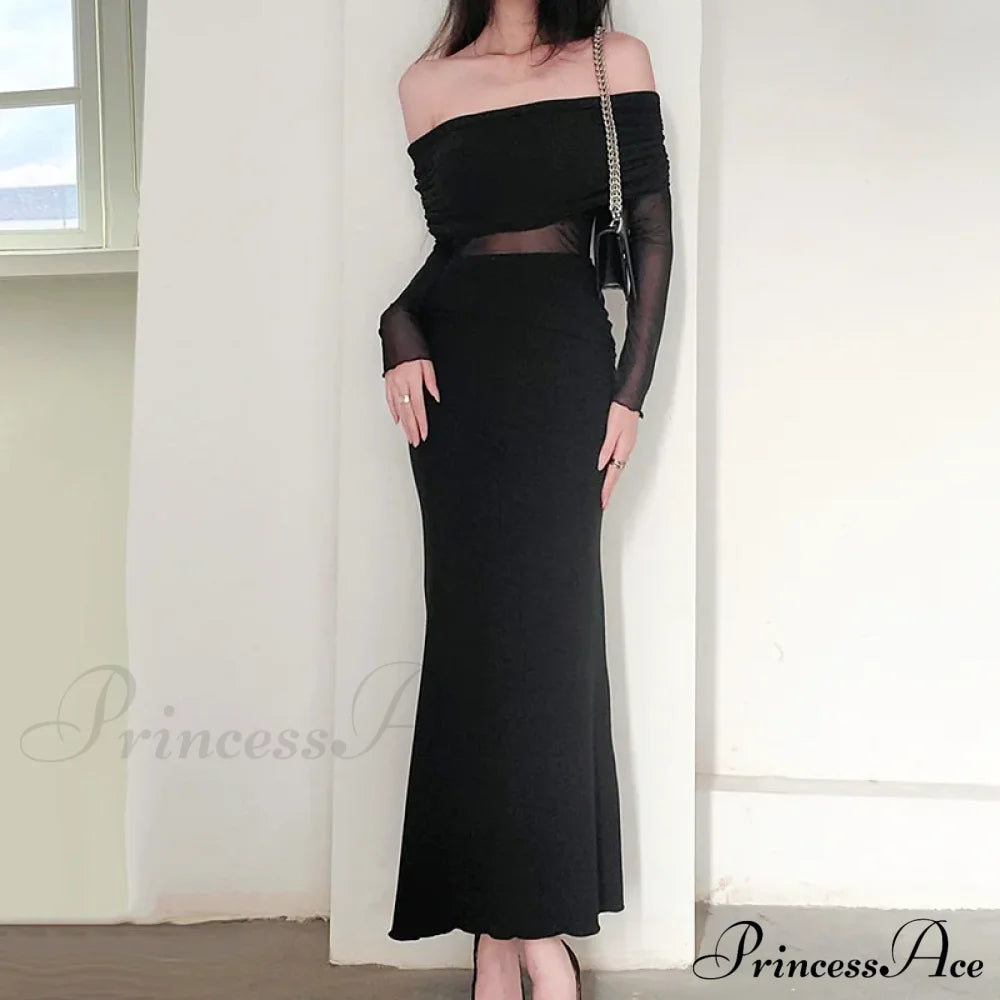 Autumn Sexy Strapless Black Lace Patchwork Long Streetwear Club Bodycon Dress