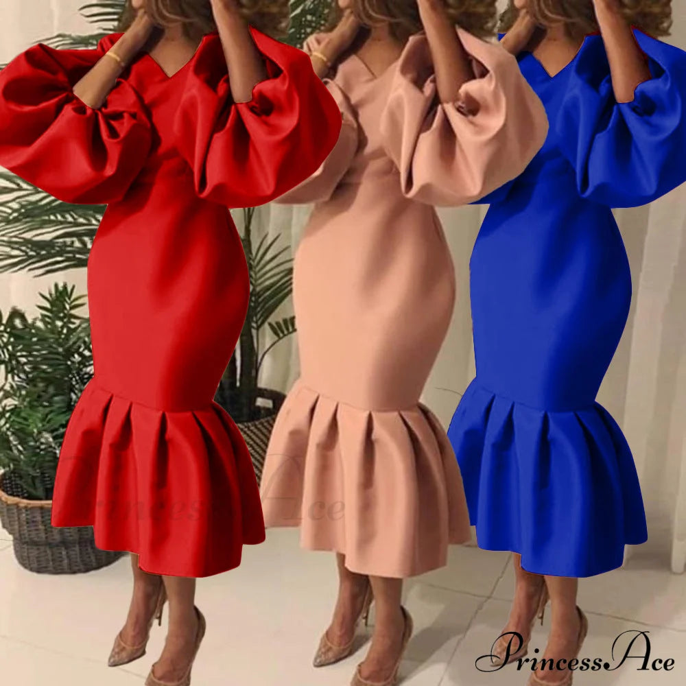 Autumn Spring Occasion Female V Neck Event Berrybetty Gown African Puff Sexy Bodycon Women Fashion