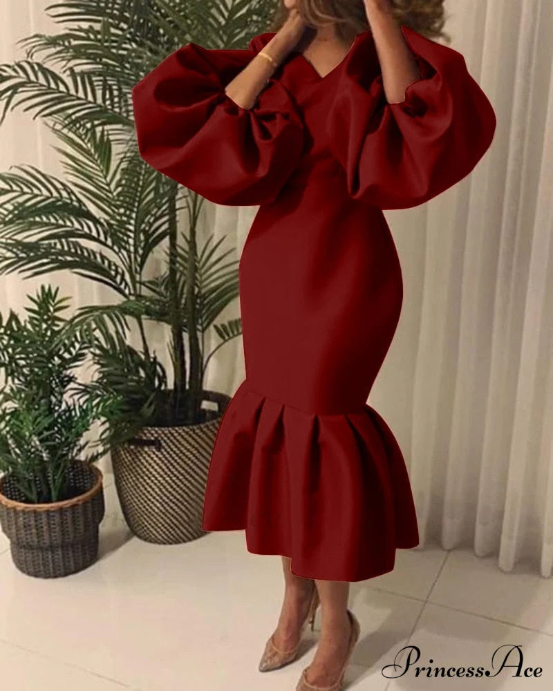 Autumn Spring Occasion Female V Neck Event Berrybetty Gown African Puff Sexy Bodycon Women Fashion