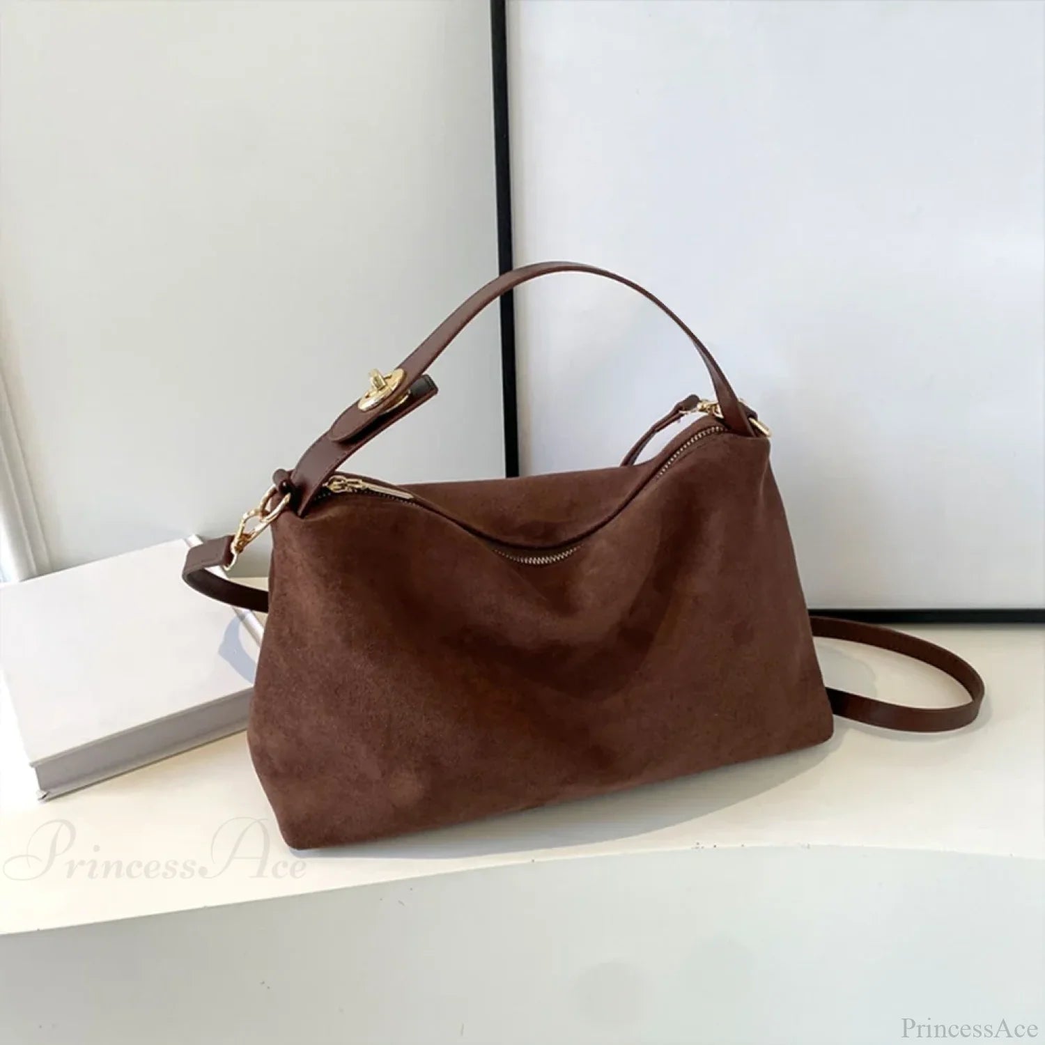 Autumn Winter Matte Suede Cow Leather Handbag Coffee handbag-250126